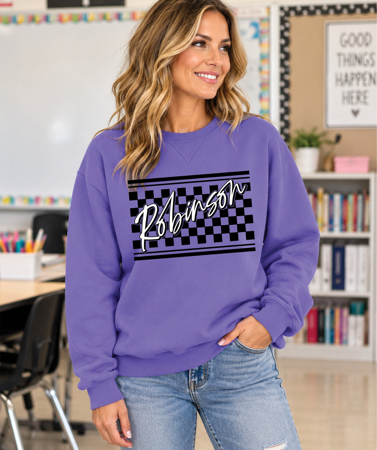 Purple Checkered Rams Sweatshirt- Amethyst